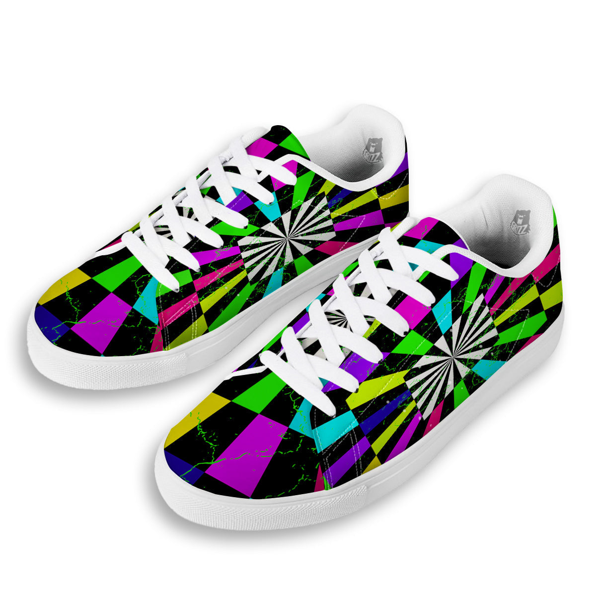 Optical Illusion Neon Abstract Print White Low Top Sneakers-grizzshop