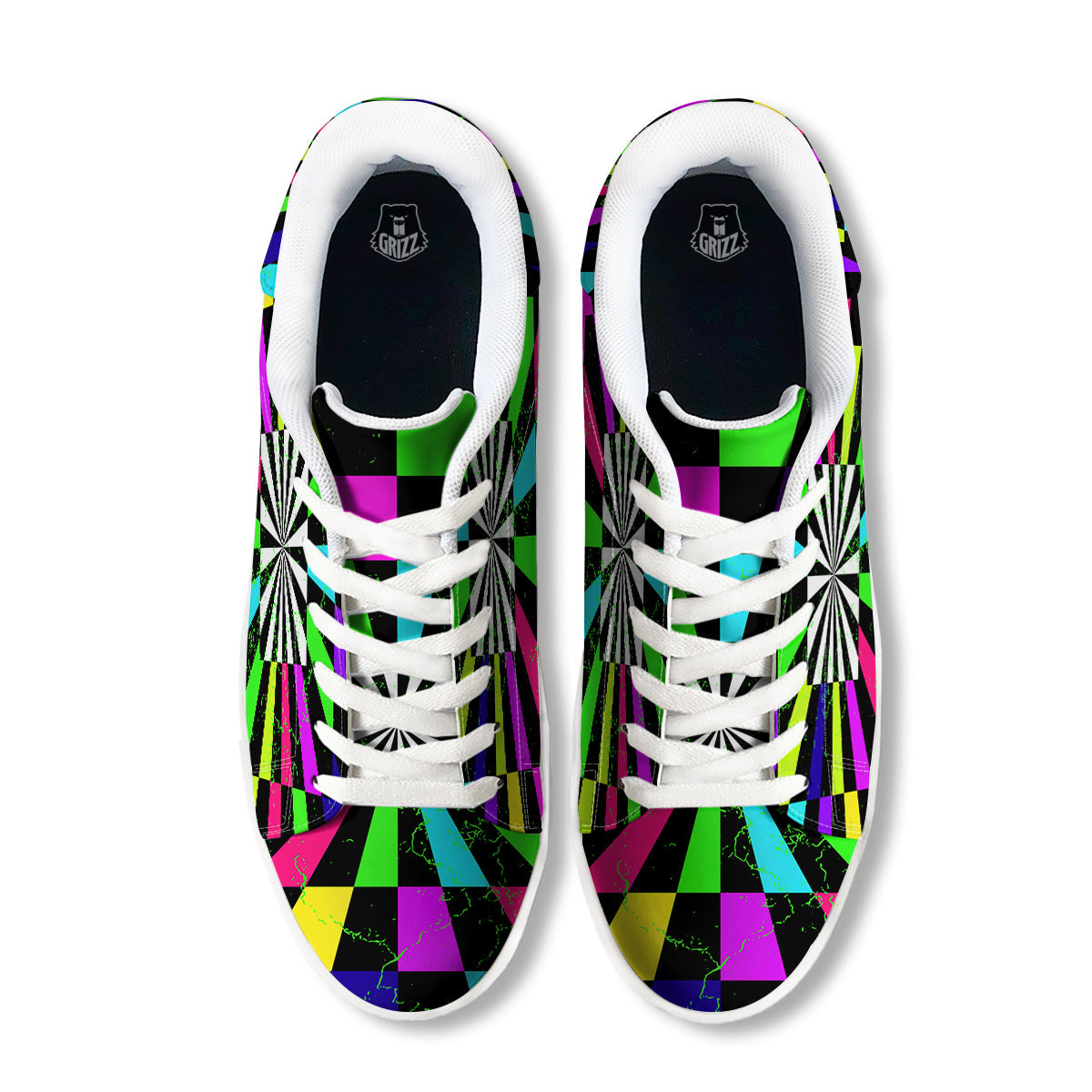 Optical Illusion Neon Abstract Print White Low Top Sneakers-grizzshop