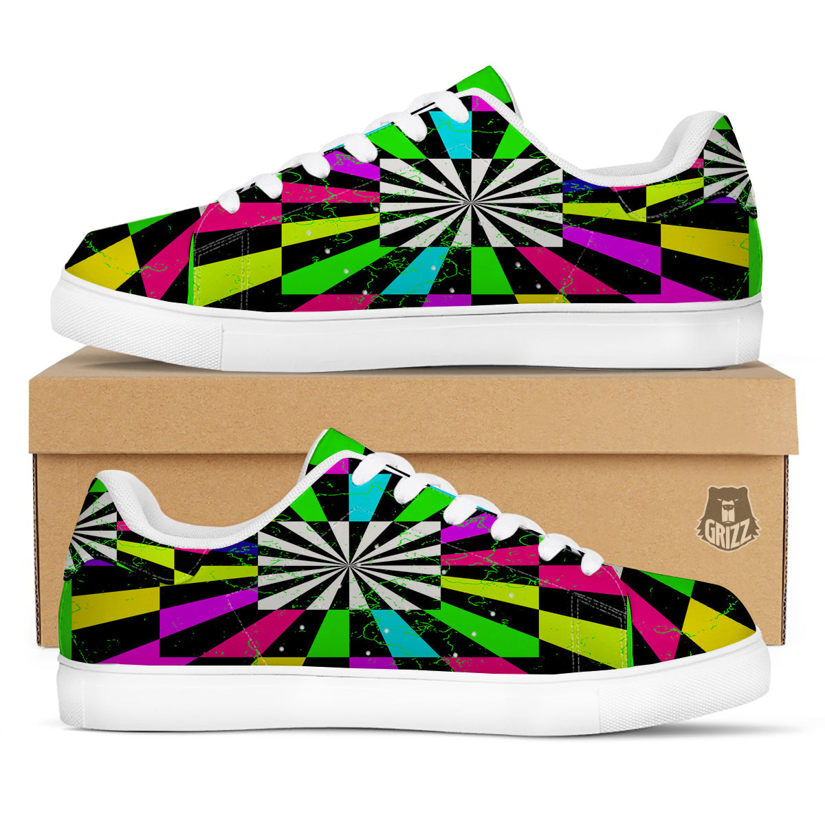 Optical Illusion Neon Abstract Print White Low Top Sneakers-grizzshop