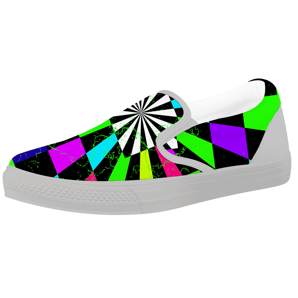 Optical Illusion Neon Abstract Print White Slip On Shoes-grizzshop