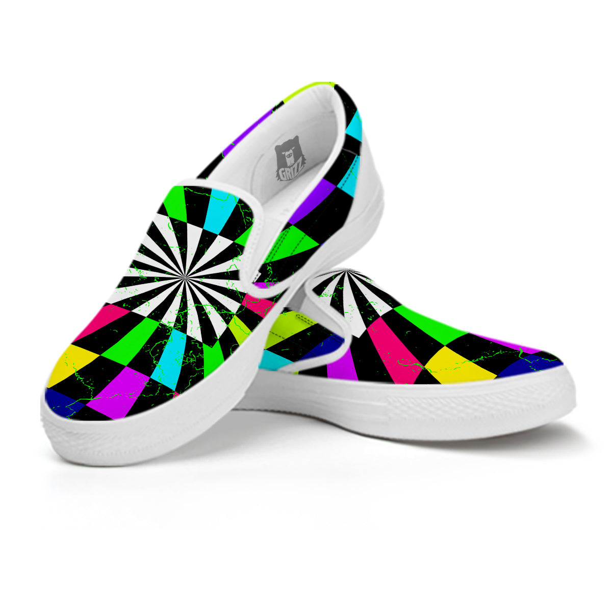 Optical Illusion Neon Abstract Print White Slip On Shoes-grizzshop