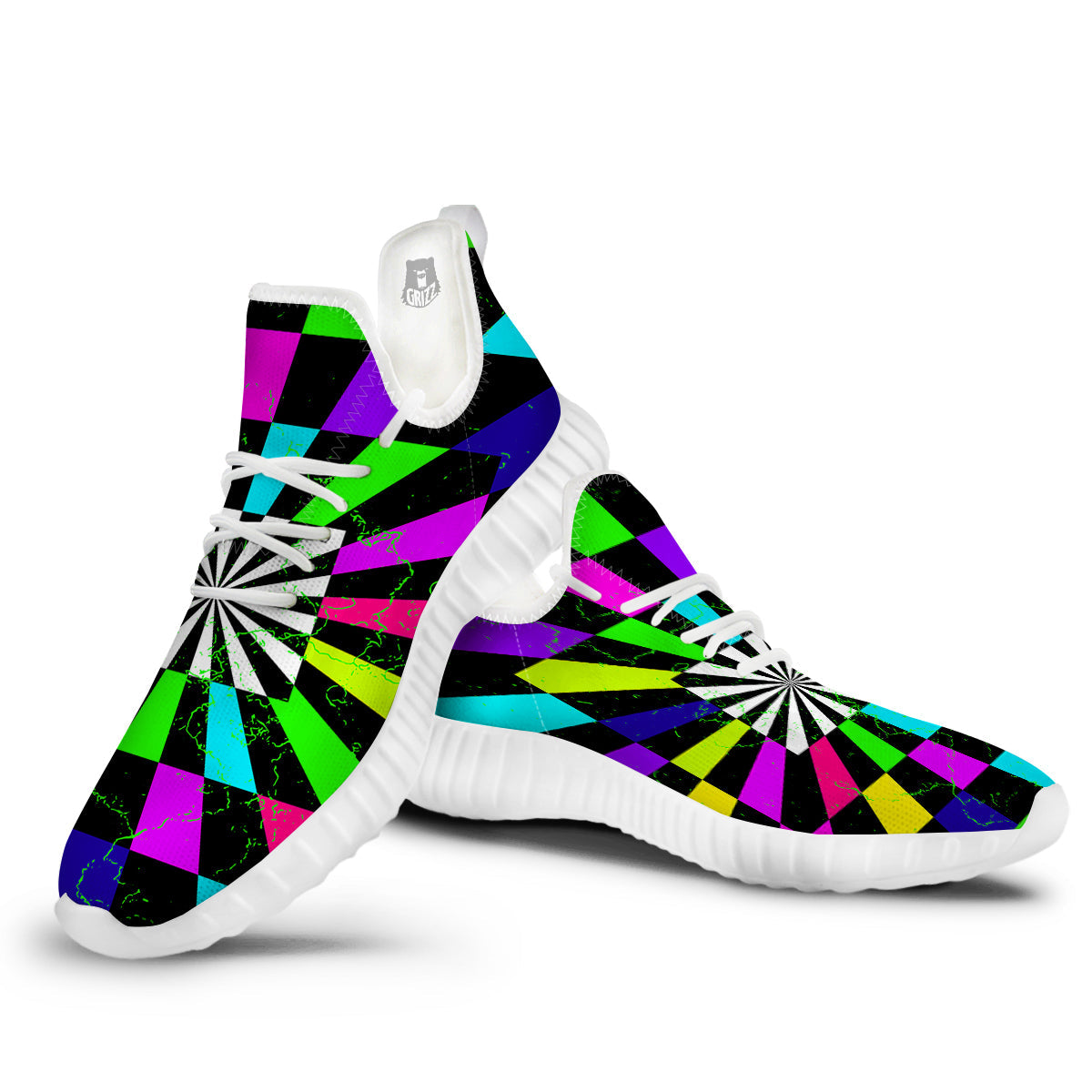 Optical Illusion Neon Abstract Print White Walking Shoes-grizzshop