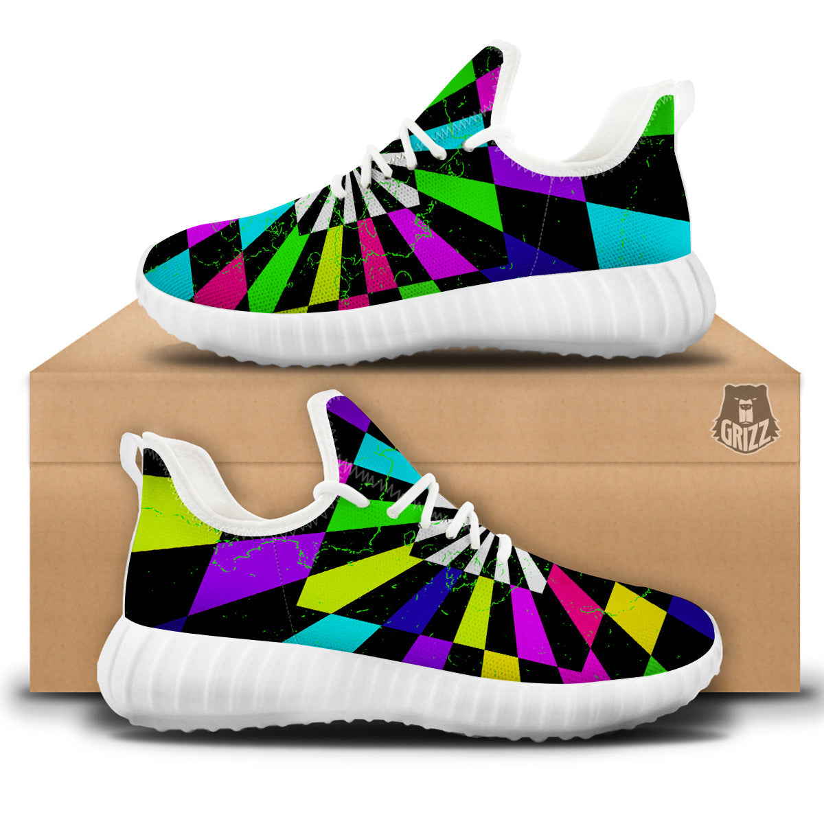 Optical Illusion Neon Abstract Print White Walking Shoes-grizzshop