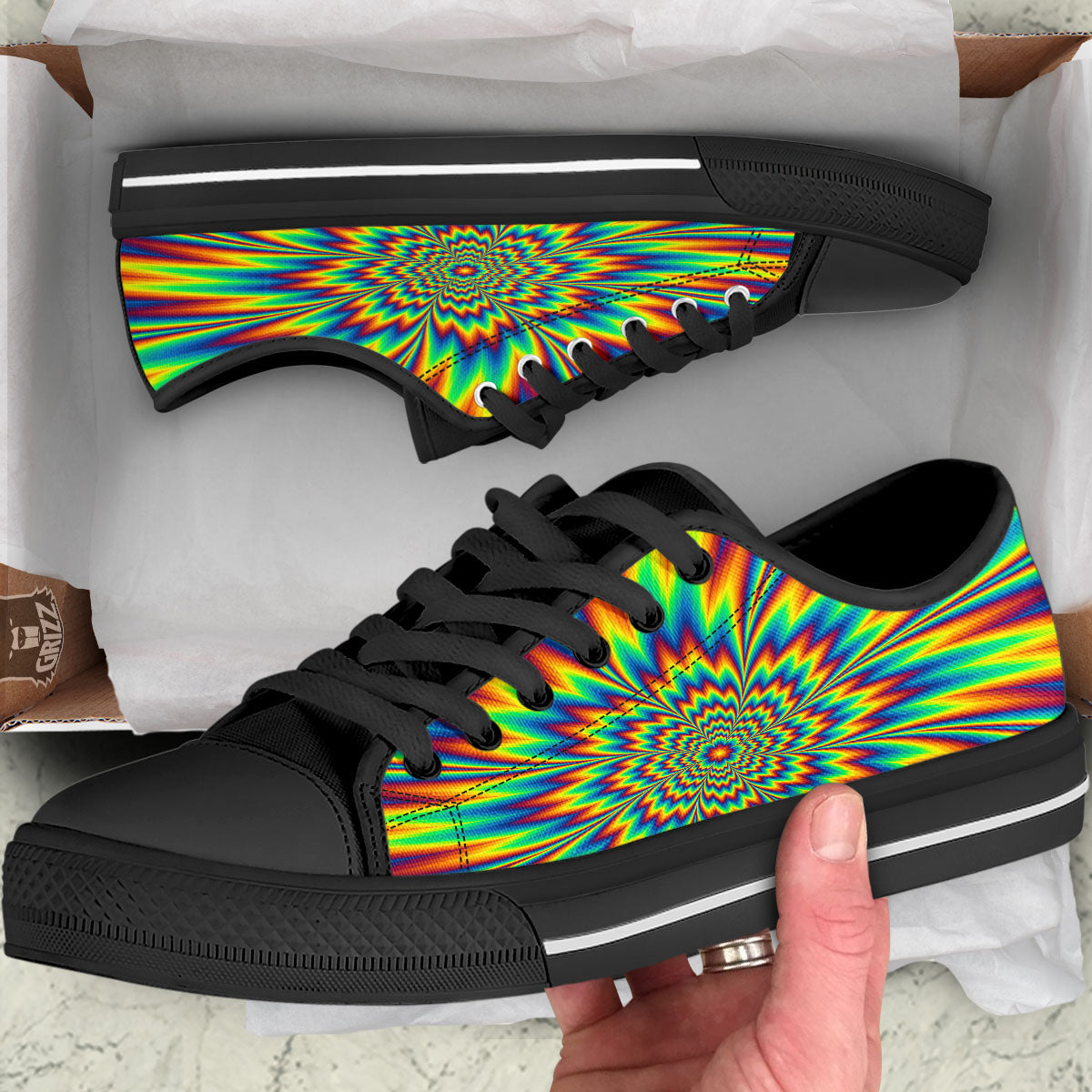 Optical Illusion Neon Psychedelic Black Low Top Shoes-grizzshop