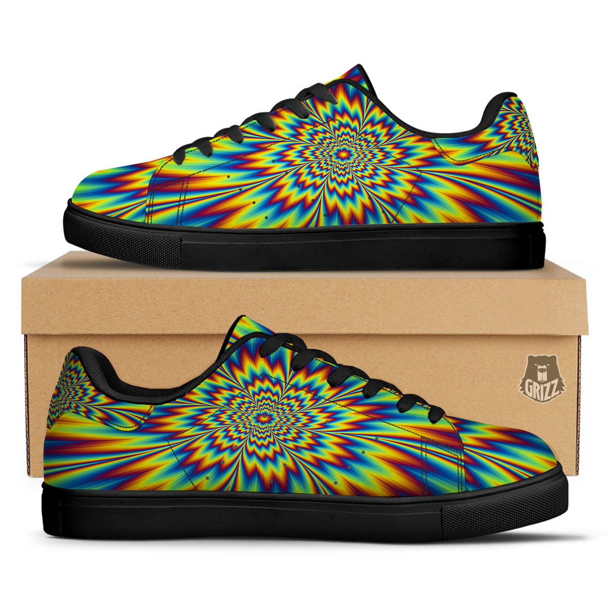 Optical Illusion Neon Psychedelic Black Low Top Sneakers-grizzshop