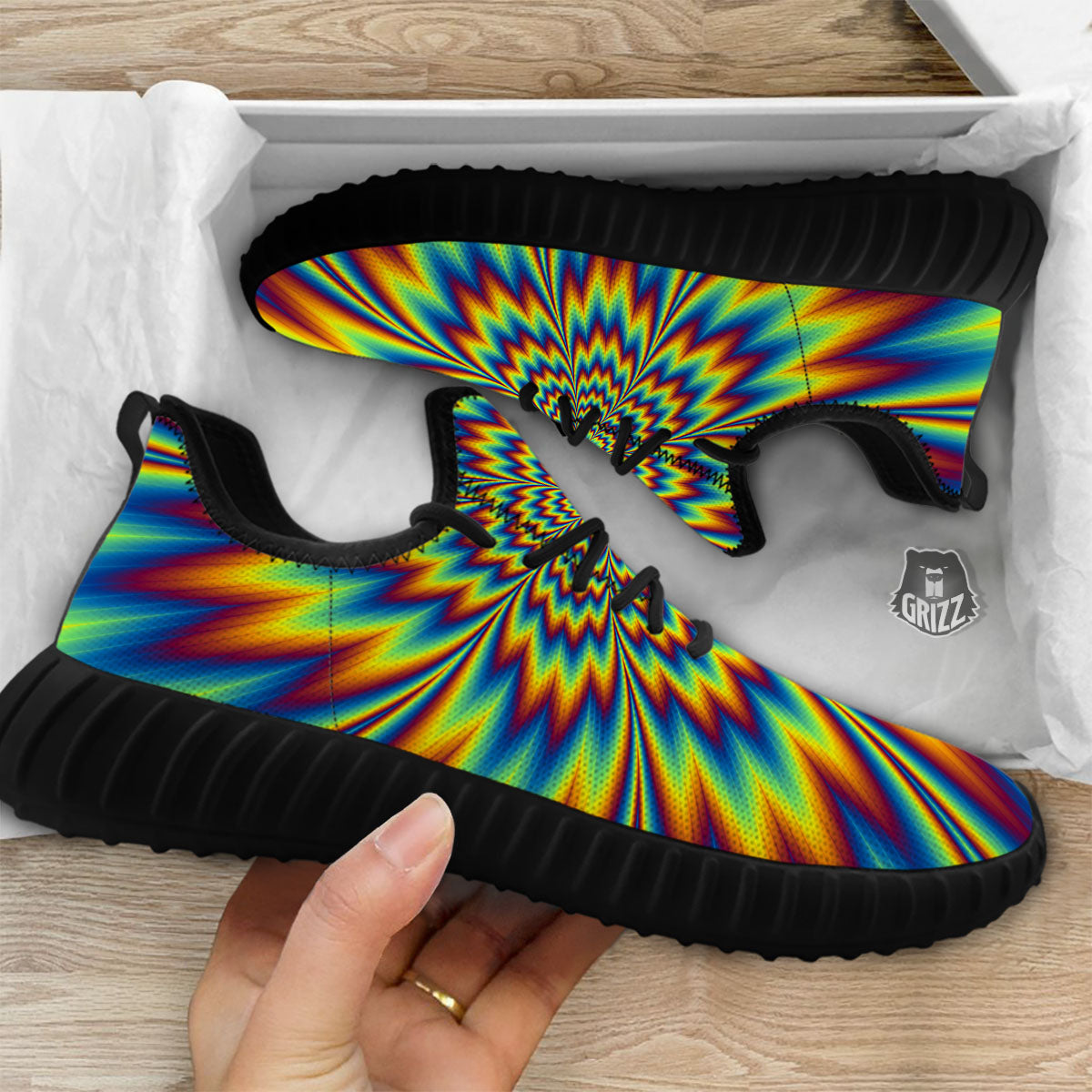 Optical Illusion Neon Psychedelic Black Walking Shoes-grizzshop