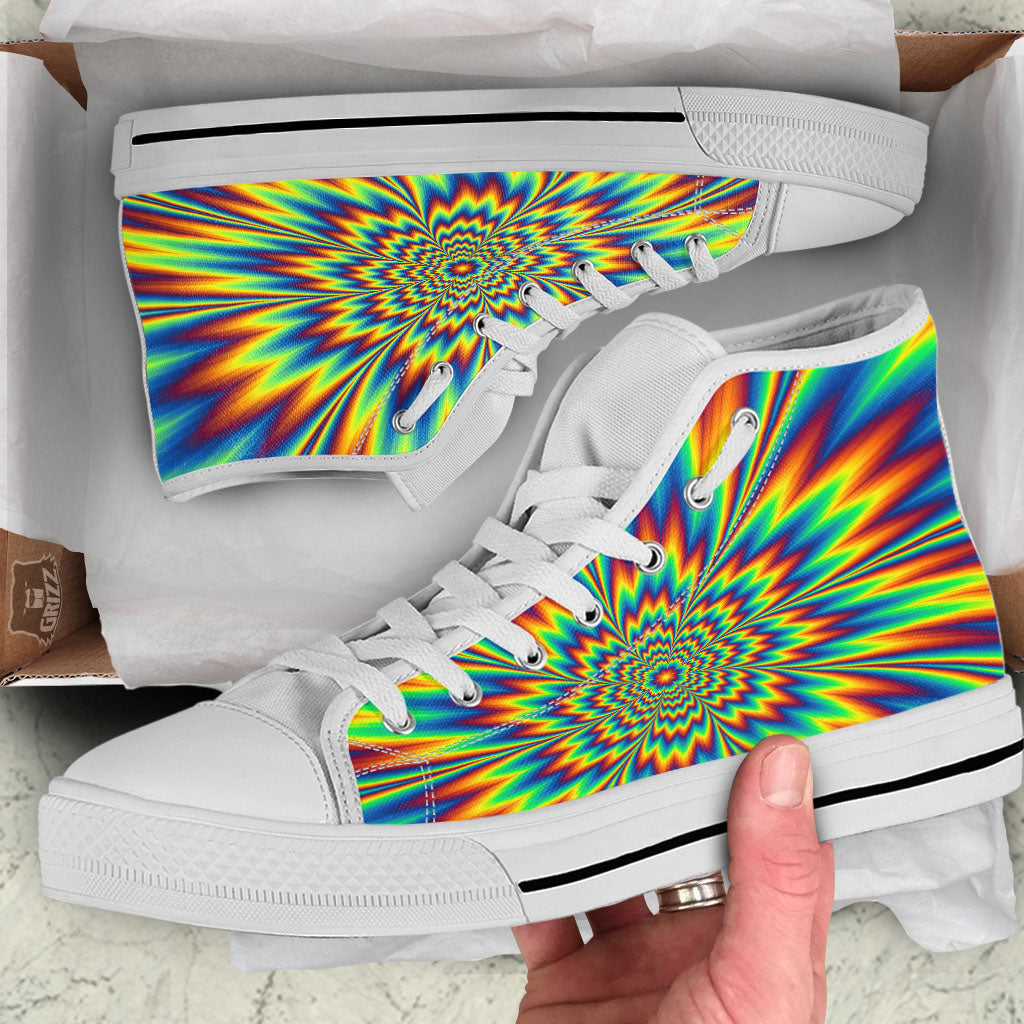 Optical Illusion Neon Psychedelic White High Top Shoes-grizzshop