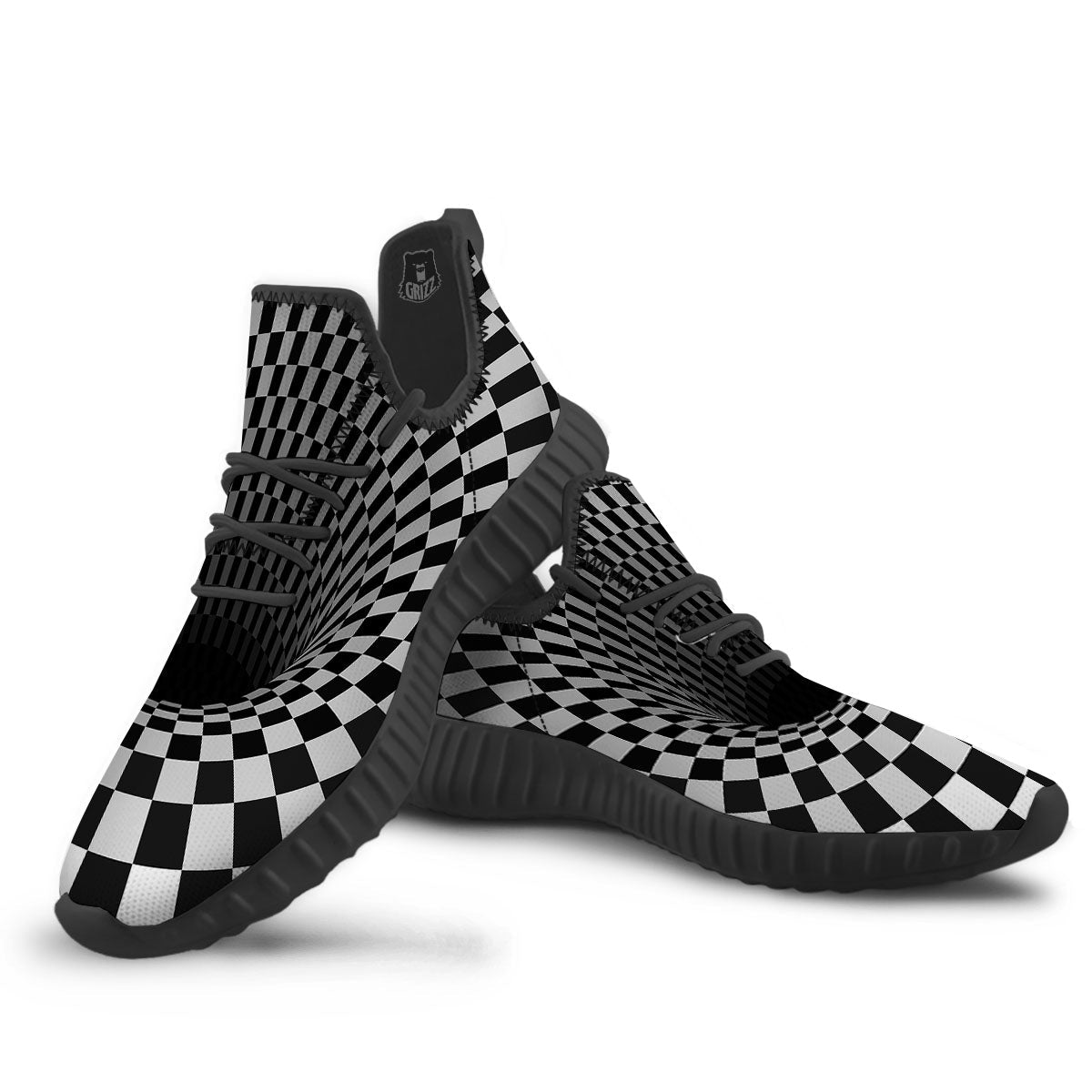 Optical Illusion White And Black Print Black Walking Shoes-grizzshop
