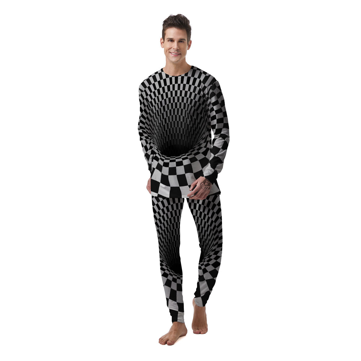 Optical Illusion White And Black Print Men's Pajamas-grizzshop