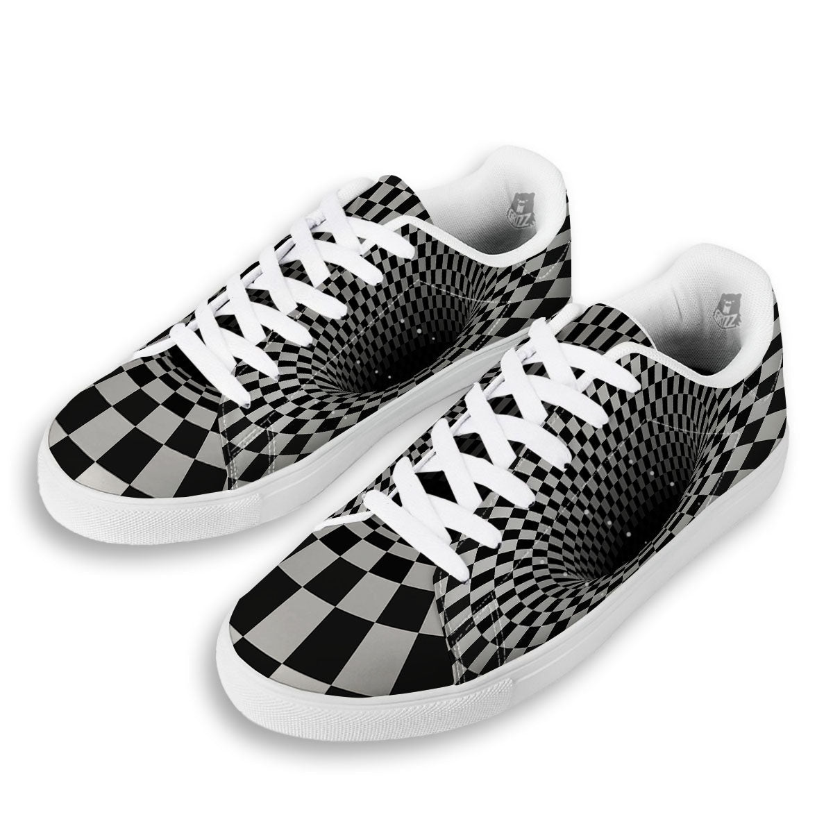 Optical Illusion White And Black Print White Low Top Sneakers-grizzshop