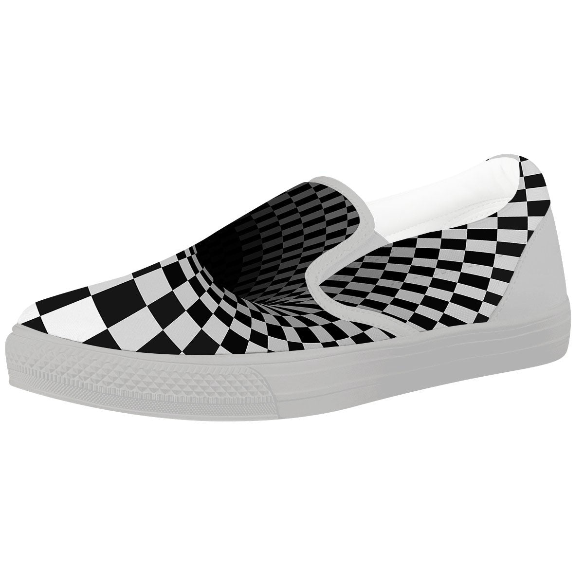 Optical Illusion White And Black Print White Slip On Shoes-grizzshop