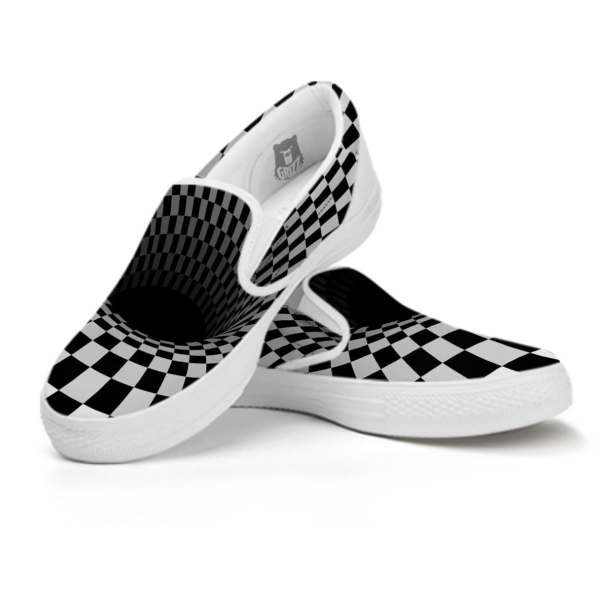 Optical Illusion White And Black Print White Slip On Shoes-grizzshop