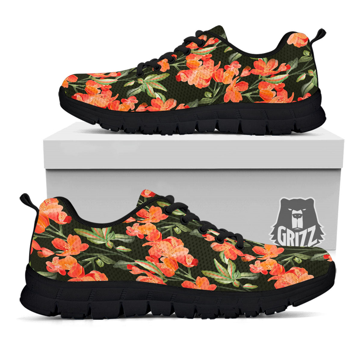 Orange Alstroemeria Print Pattern Black Sneaker-grizzshop