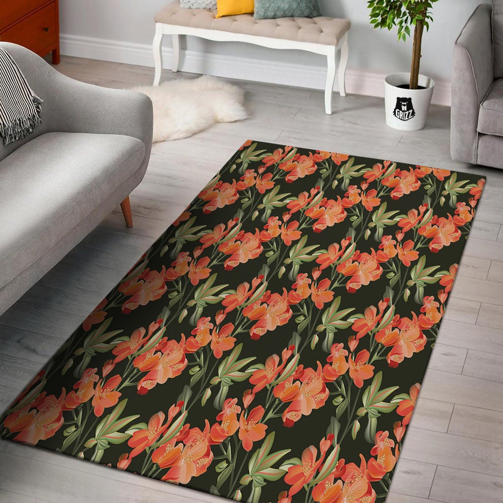 Orange Alstroemeria Print Pattern Floor Mat-grizzshop