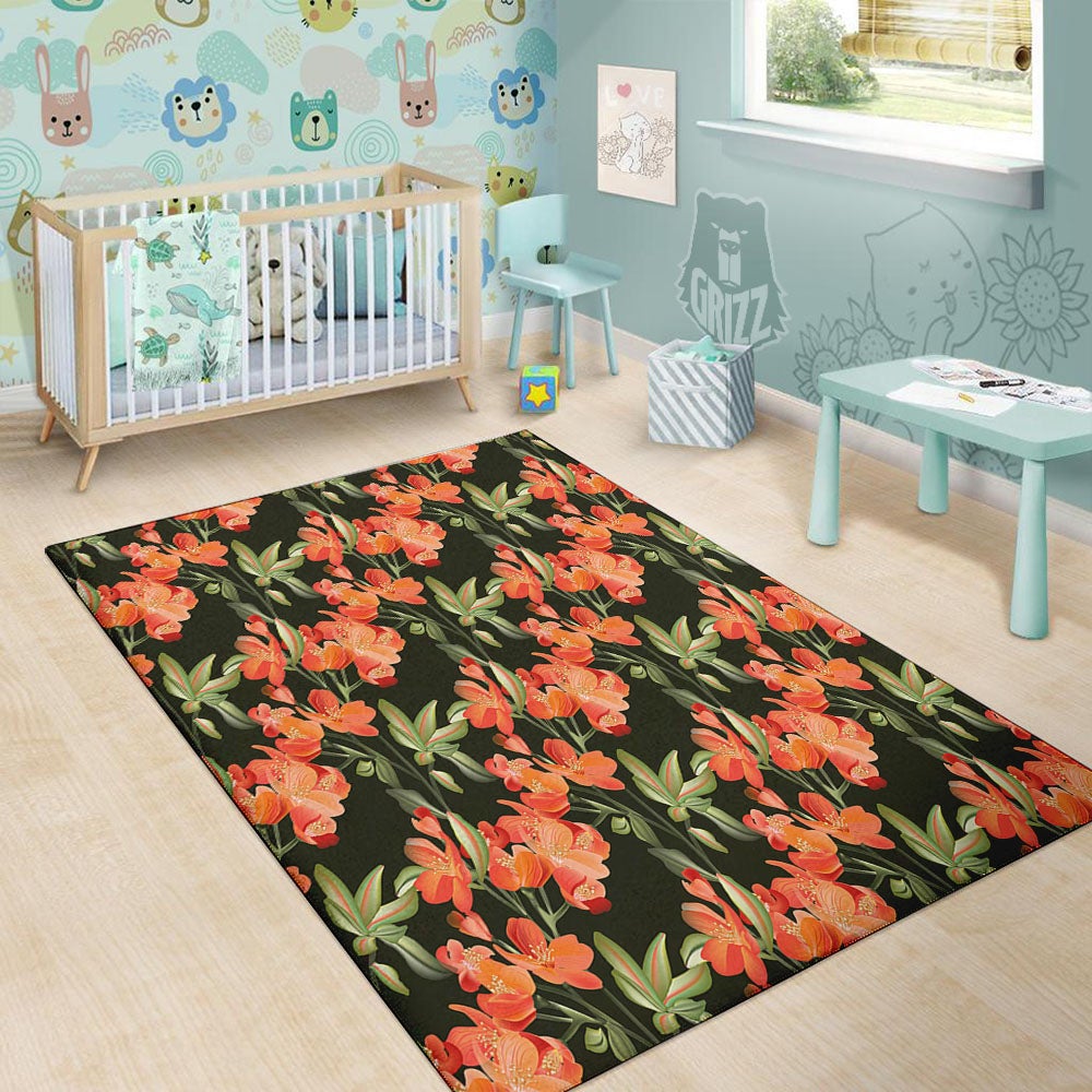 Orange Alstroemeria Print Pattern Floor Mat-grizzshop