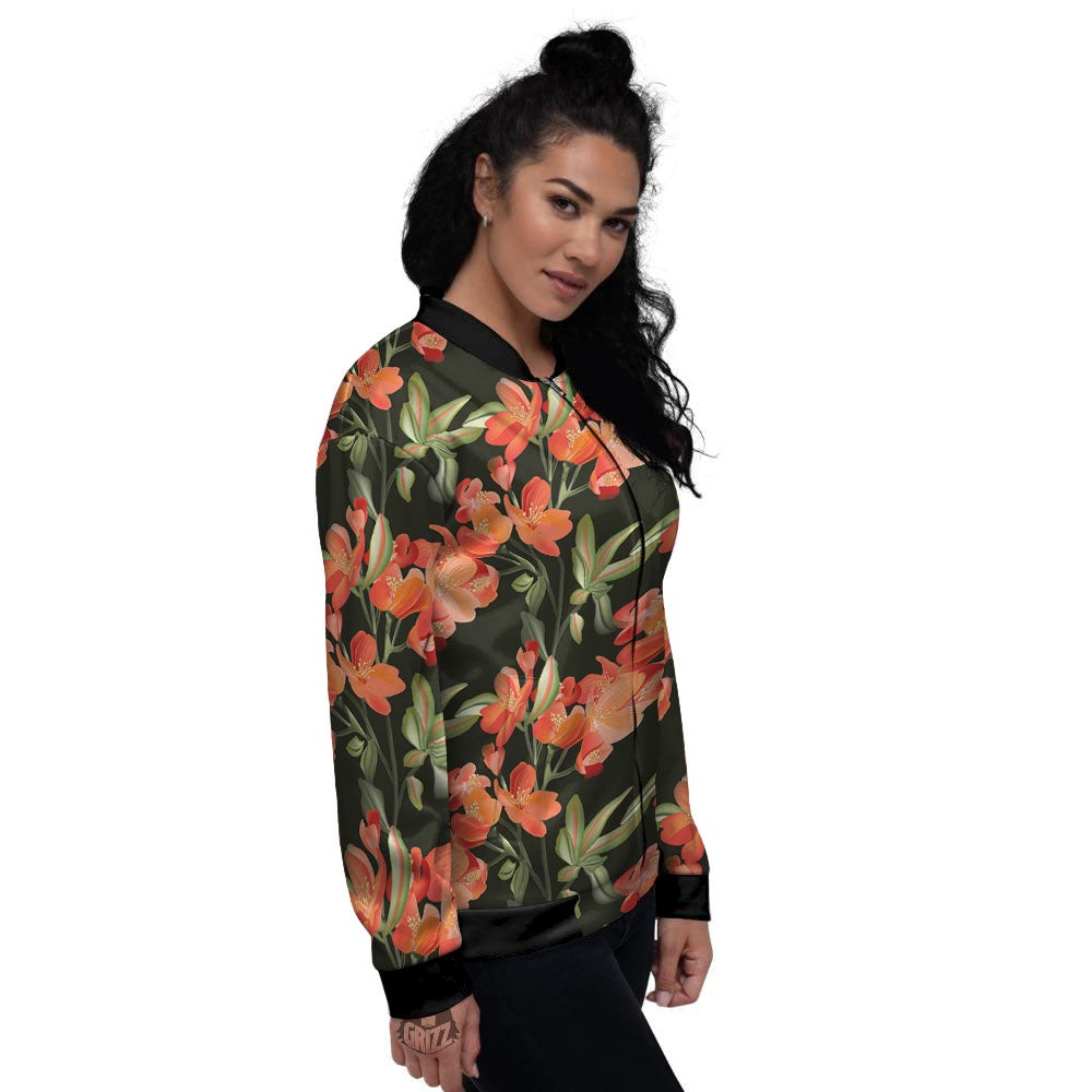 Orange Alstroemeria Print Pattern Women's Bomber Jacket-grizzshop