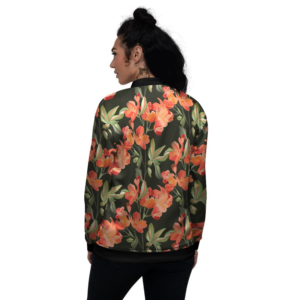 Orange Alstroemeria Print Pattern Women's Bomber Jacket-grizzshop