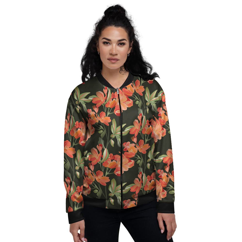 Orange Alstroemeria Print Pattern Women's Bomber Jacket-grizzshop