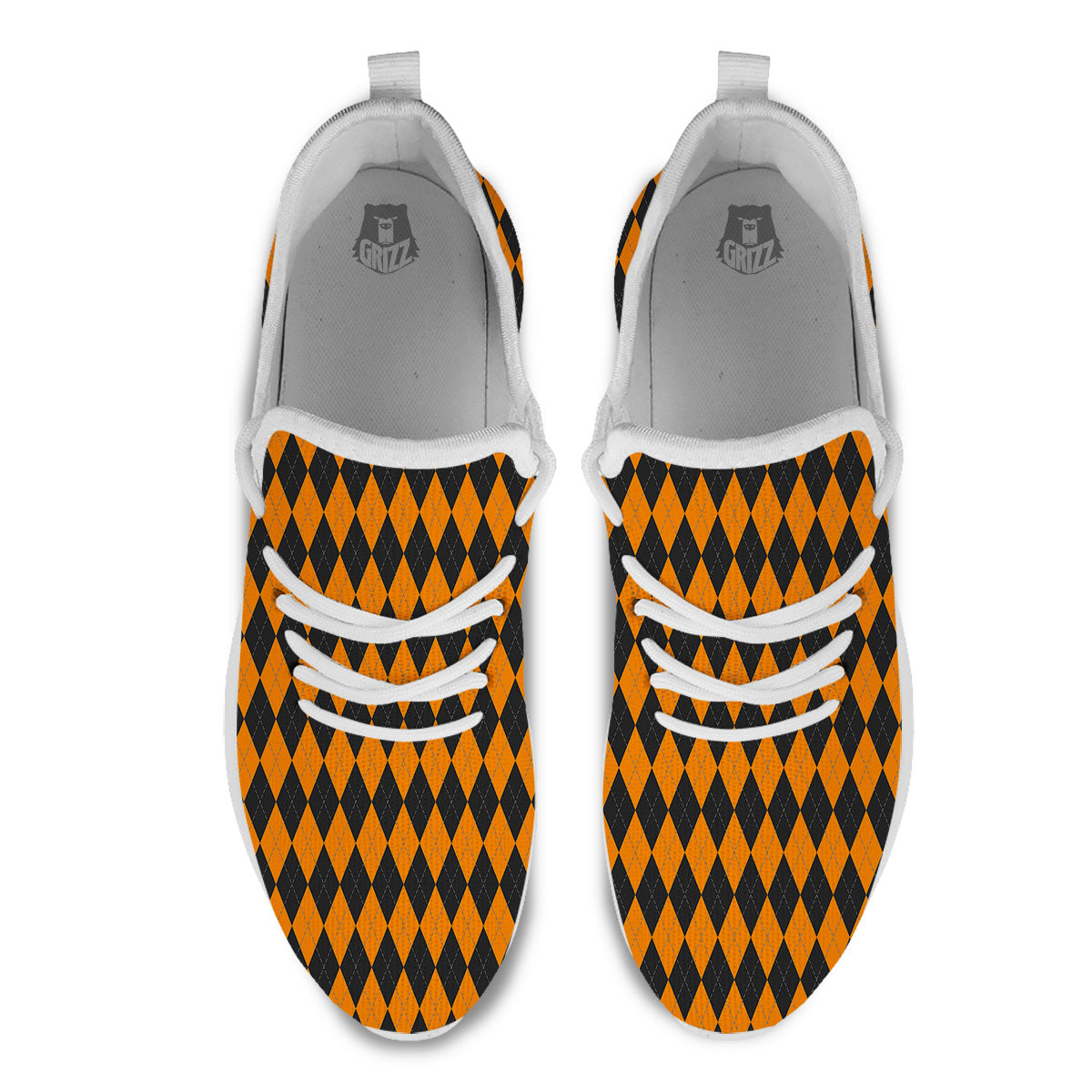 Orange And Black Argyle Print White Athletic Shoes-grizzshop