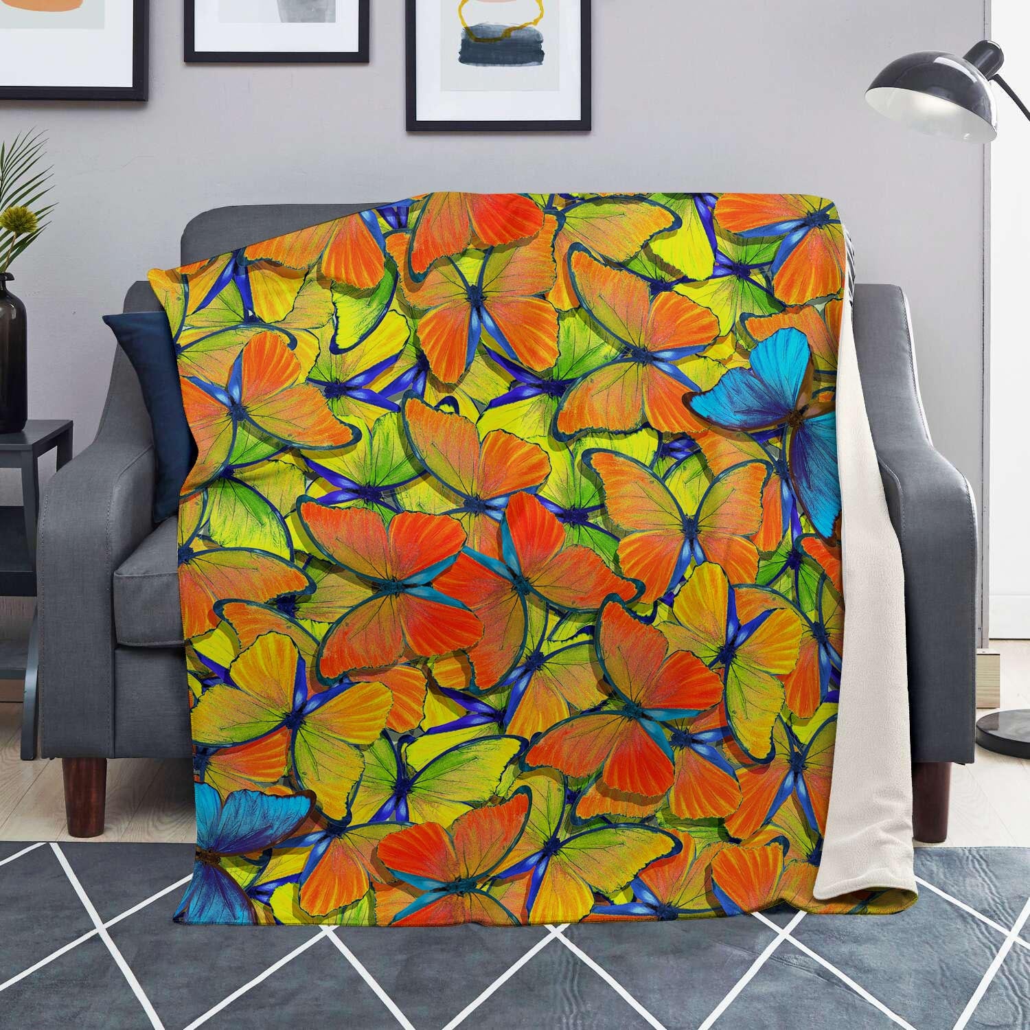 Orange And Blue Butterfly Print Blanket-grizzshop