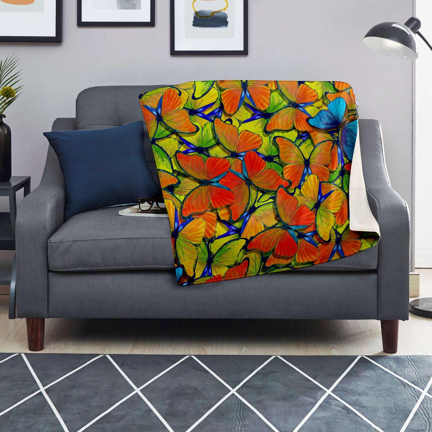 Orange And Blue Butterfly Print Blanket-grizzshop