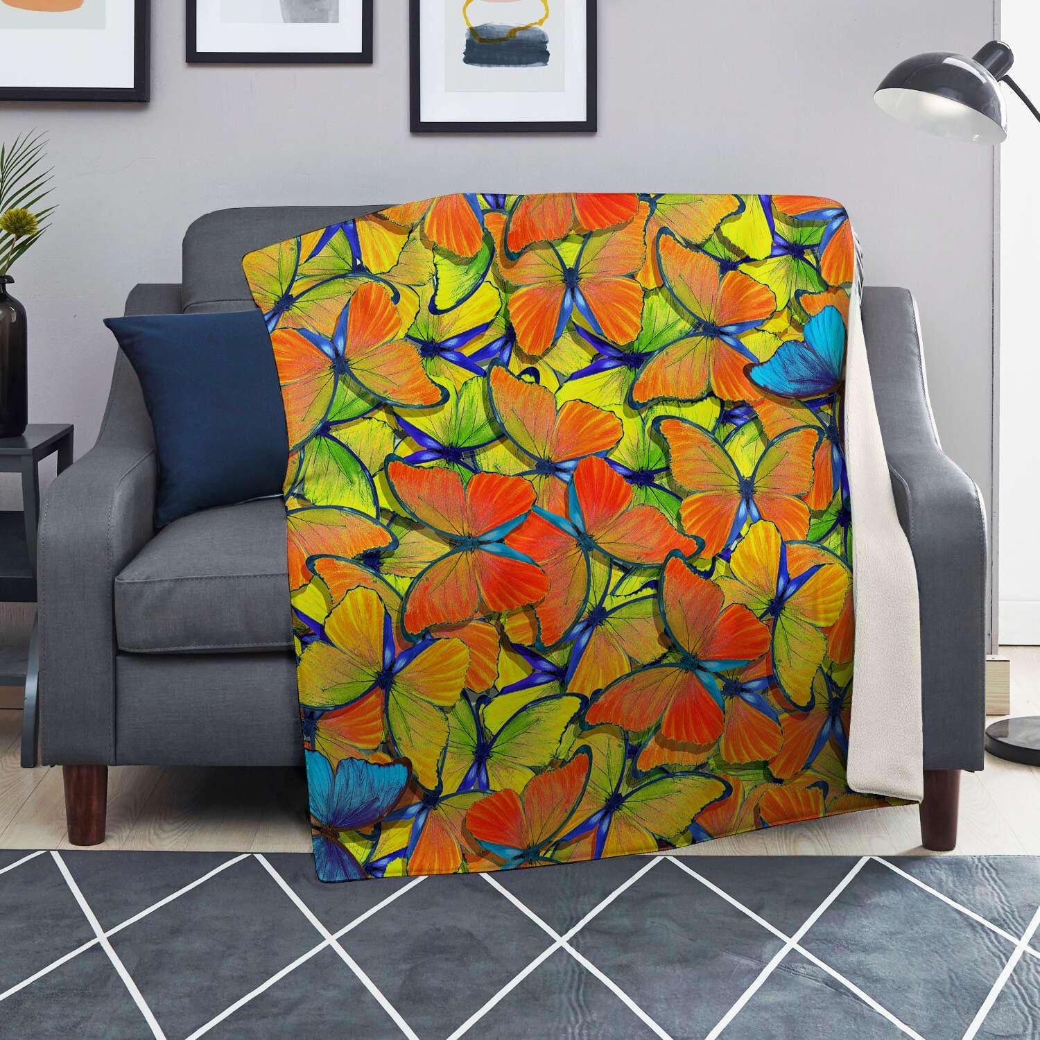 Orange And Blue Butterfly Print Blanket-grizzshop