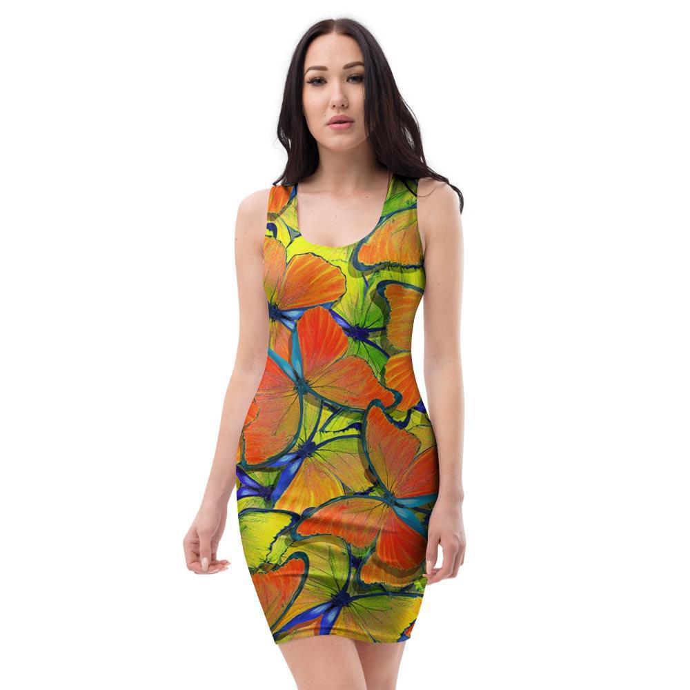 Orange And Blue Butterfly Print Bodycon Dress-grizzshop