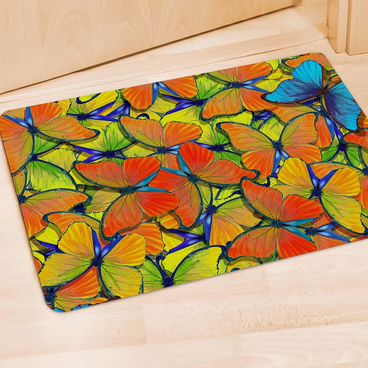 Orange And Blue Butterfly Print Door Mat-grizzshop