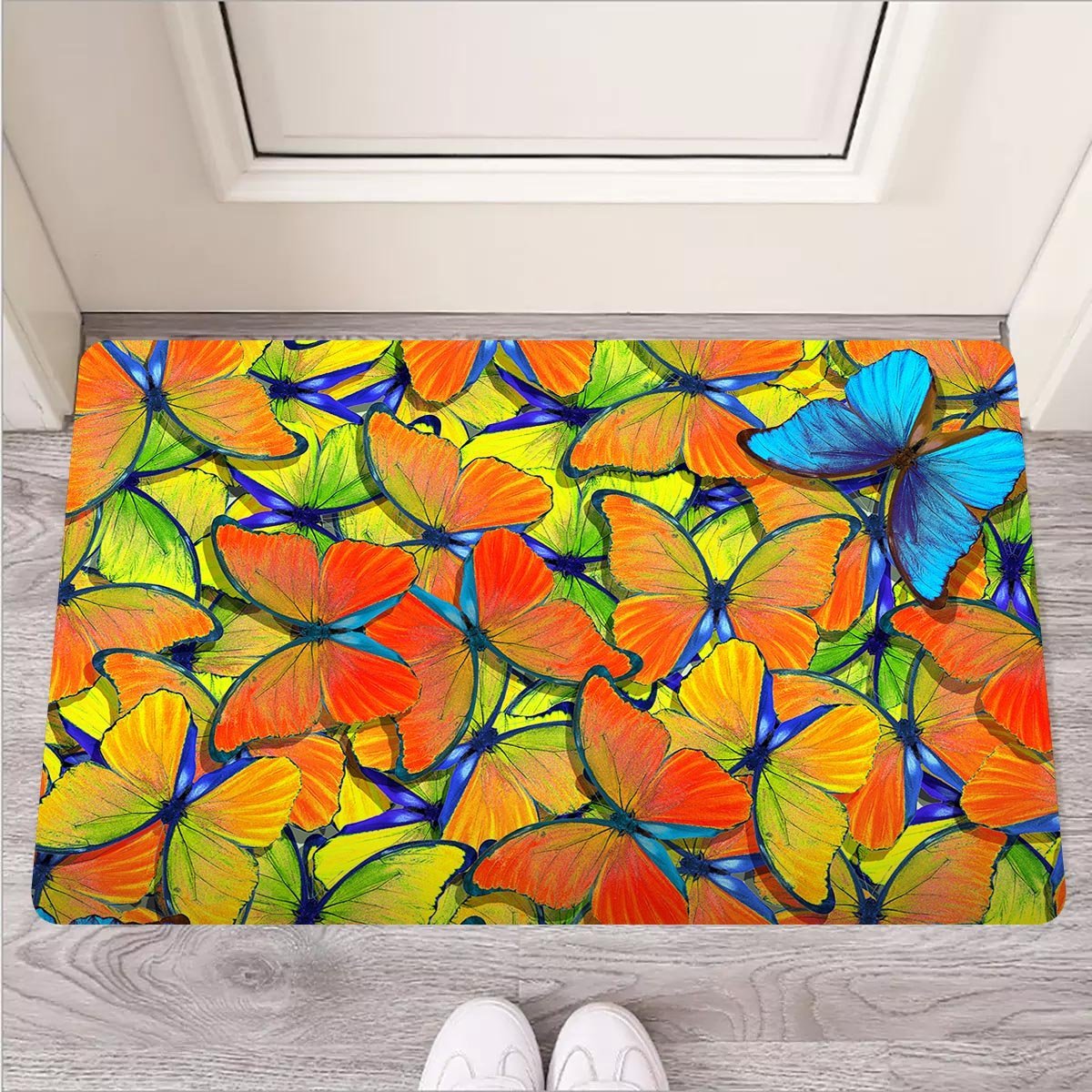 Orange And Blue Butterfly Print Door Mat-grizzshop