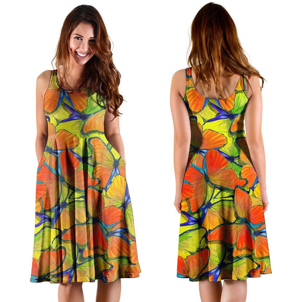 Orange And Blue Butterfly Print Dress-grizzshop