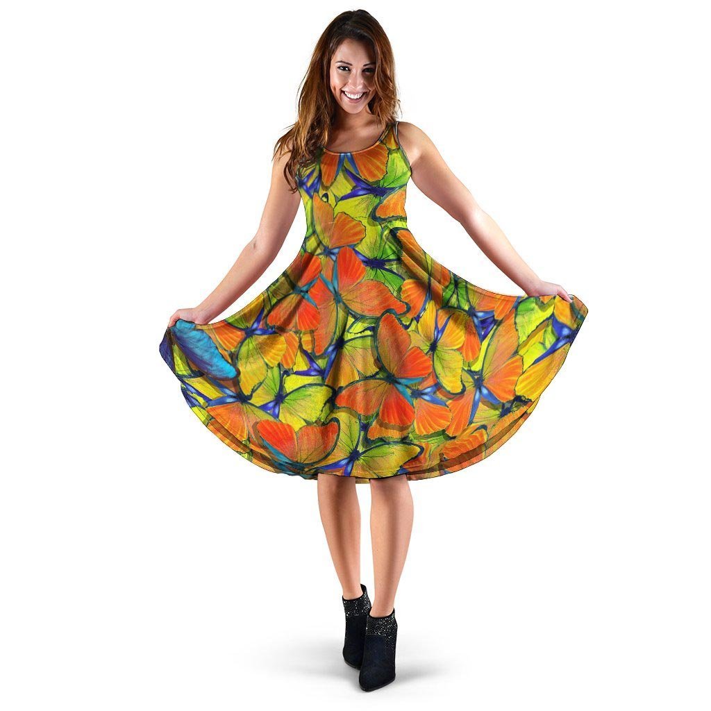 Orange And Blue Butterfly Print Dress-grizzshop