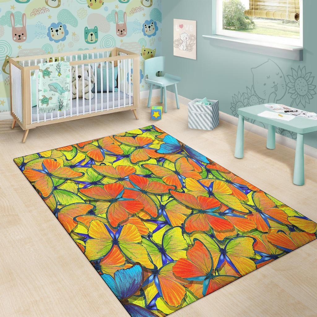 Orange And Blue Butterfly Print Floor Mat-grizzshop