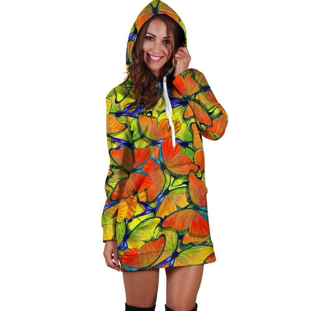 Orange And Blue Butterfly Print Hoodie Dress-grizzshop