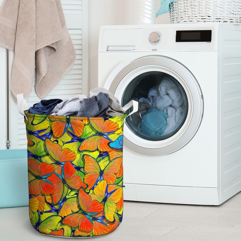 Orange And Blue Butterfly Print Laundry Basket-grizzshop