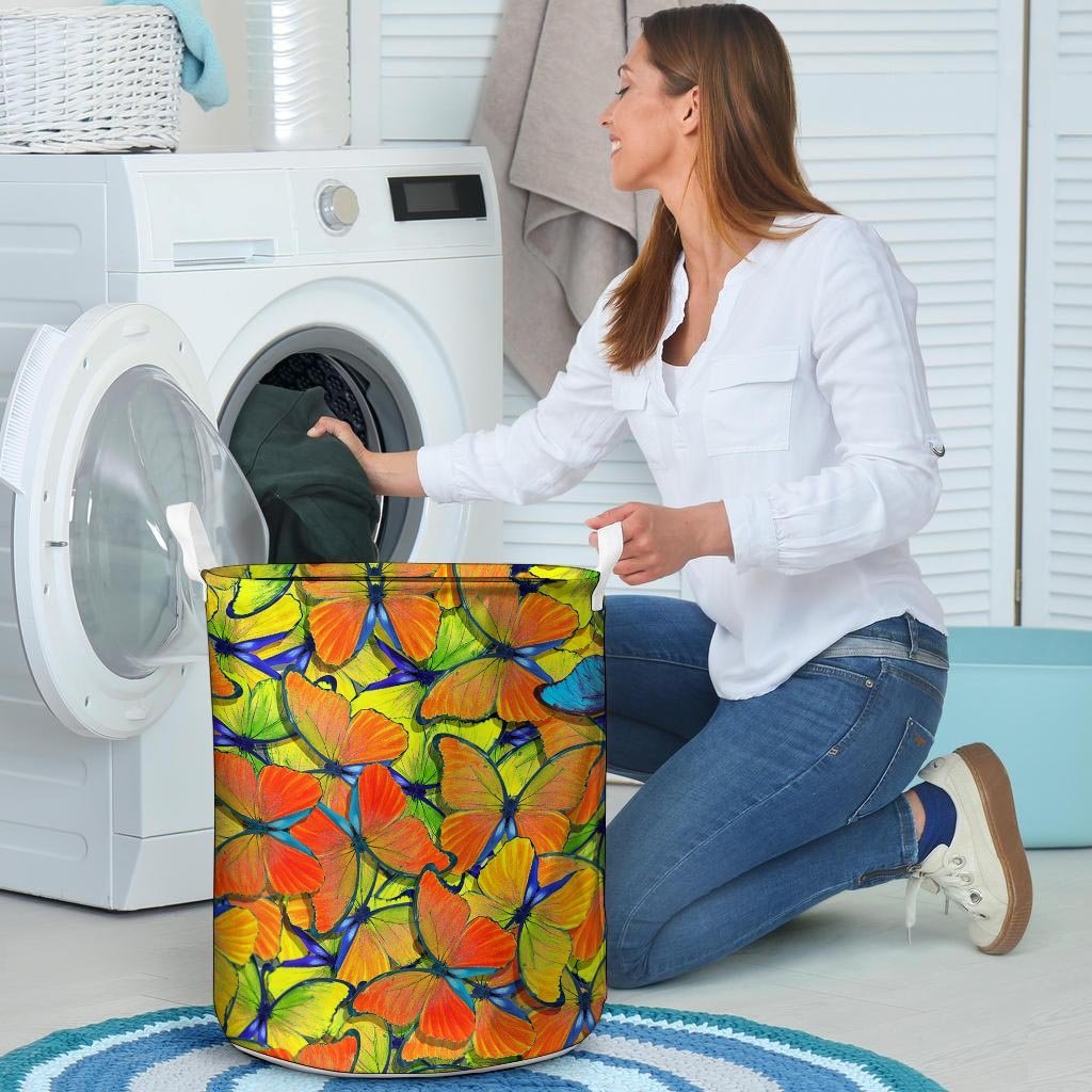 Orange And Blue Butterfly Print Laundry Basket-grizzshop