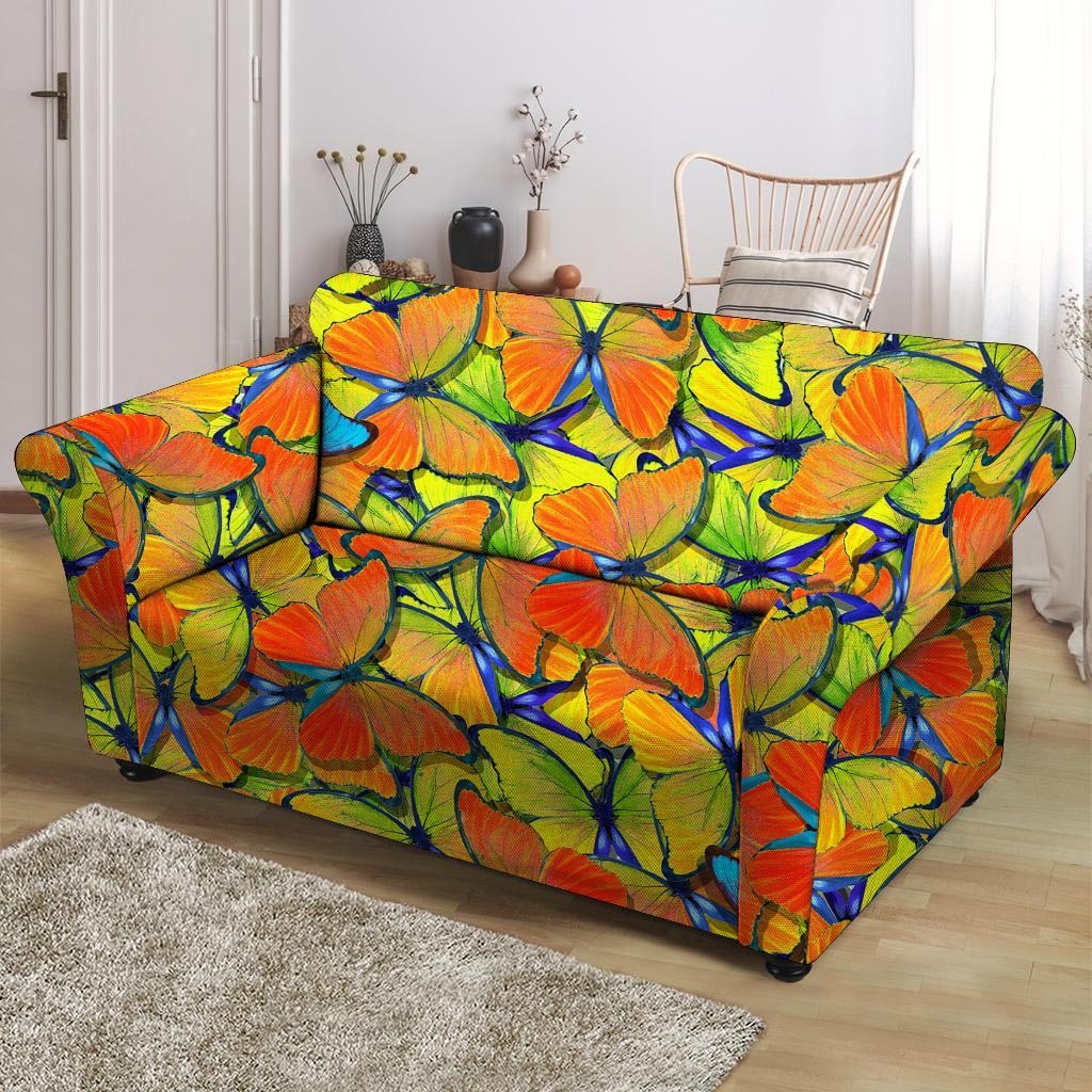 Orange And Blue Butterfly Print Loveseat Cover-grizzshop