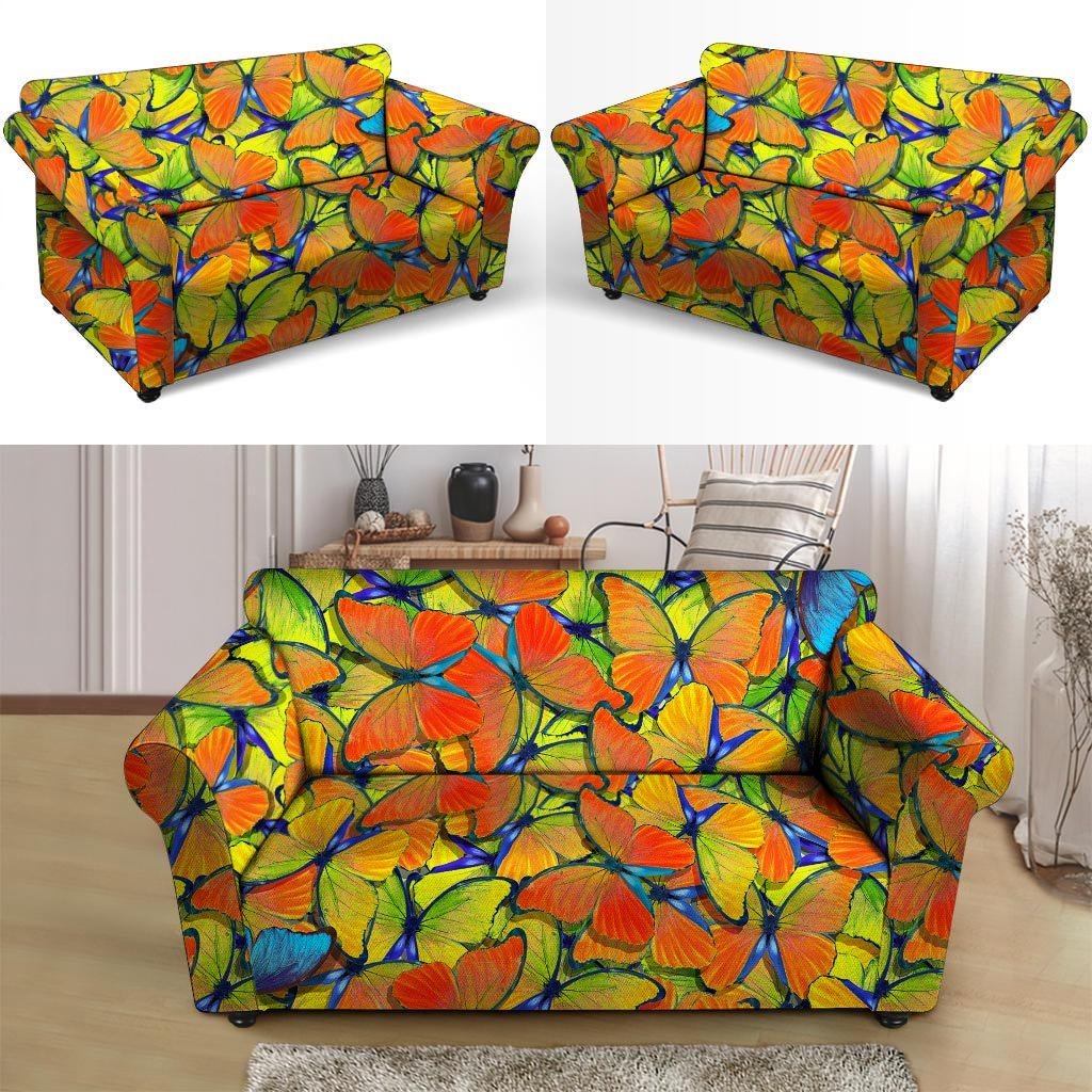 Orange And Blue Butterfly Print Loveseat Cover-grizzshop