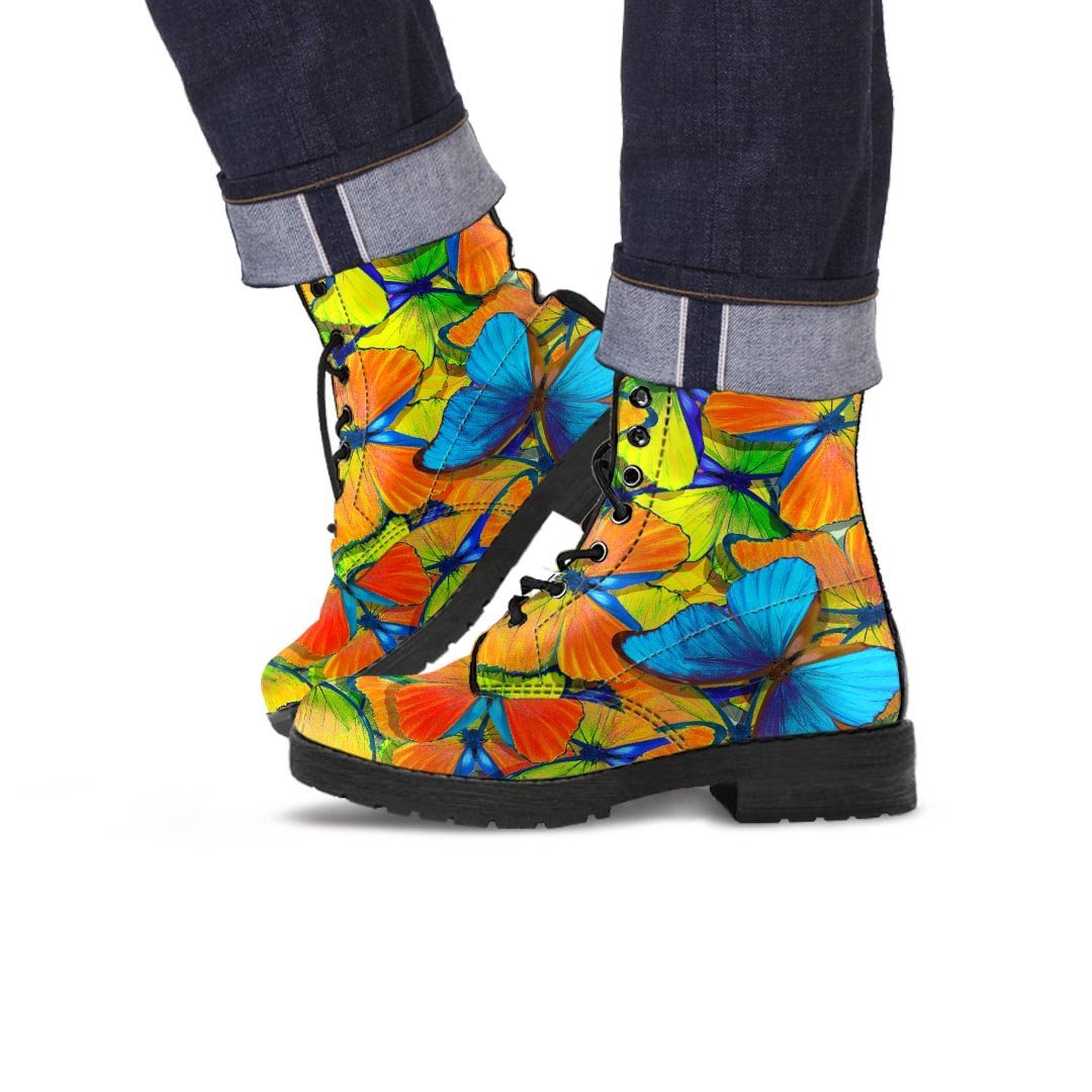 Orange And Blue Butterfly Print Men's Boots-grizzshop