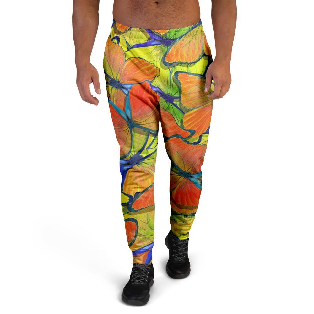 Orange And Blue Butterfly Print Men's Joggers-grizzshop