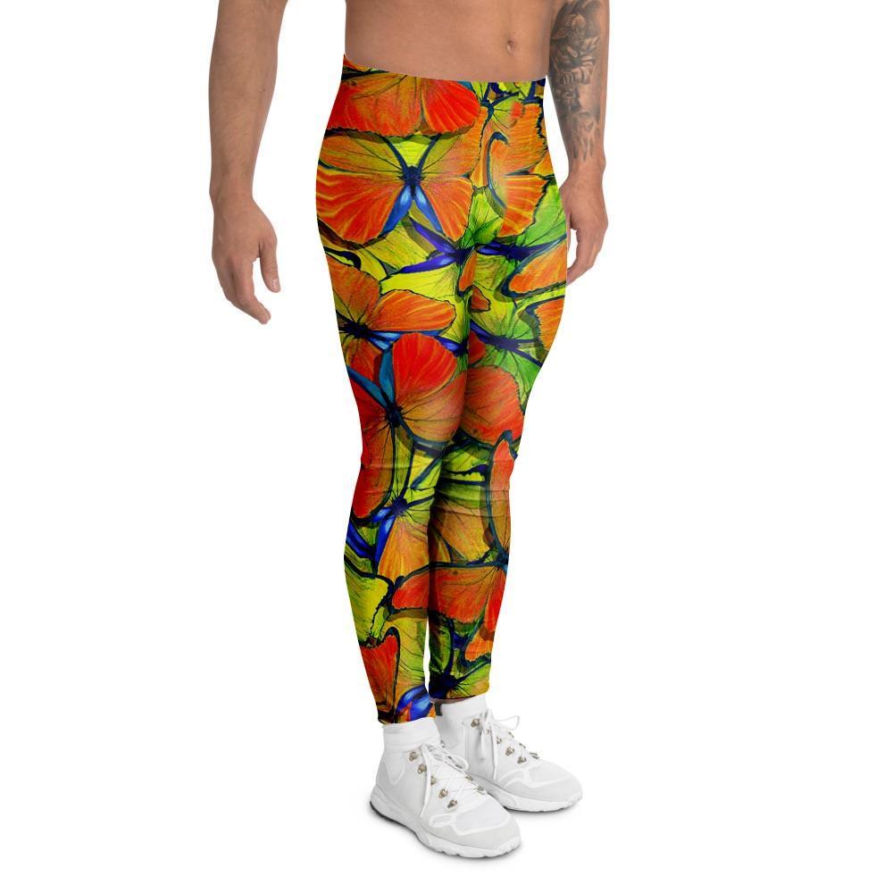 Orange And Blue Butterfly Print Men's Leggings-grizzshop