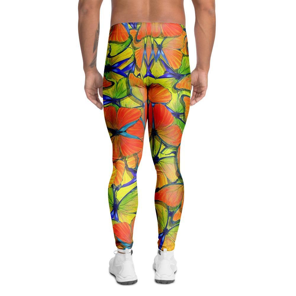 Orange And Blue Butterfly Print Men's Leggings-grizzshop