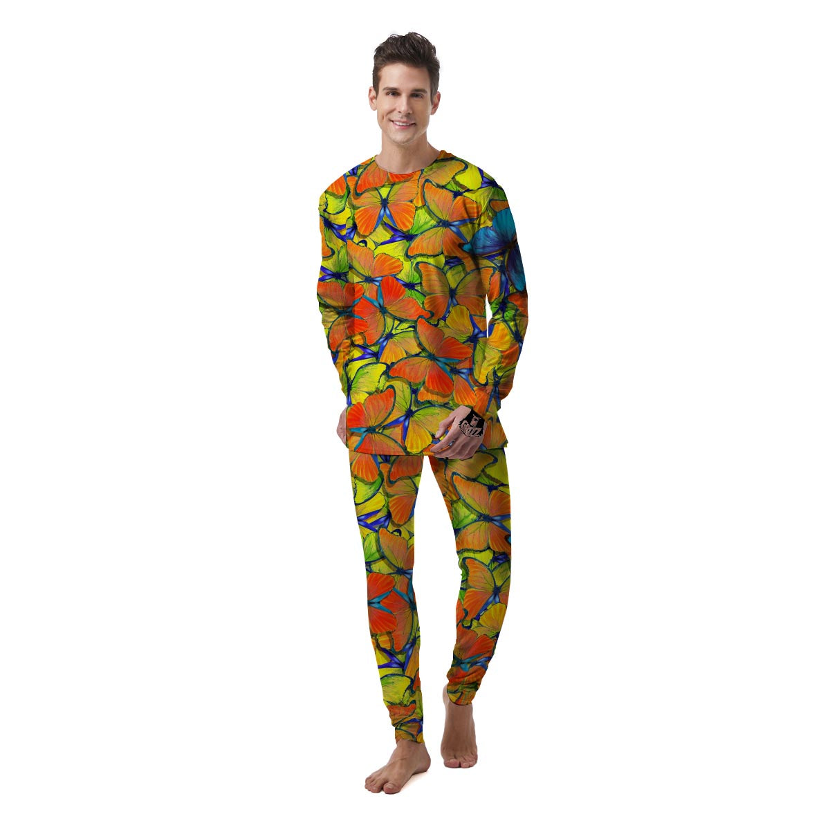 Orange And Blue Butterfly Print Men's Pajamas-grizzshop