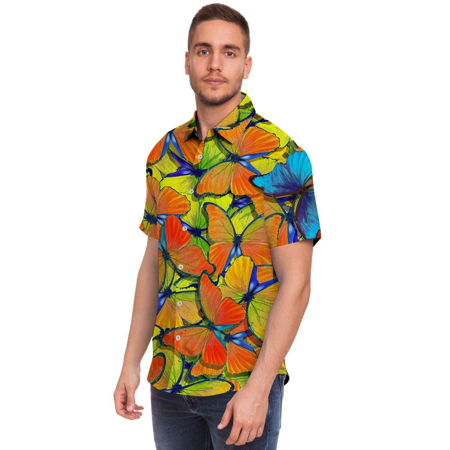Orange And Blue Butterfly Print Men's Short Sleeve Shirt-grizzshop