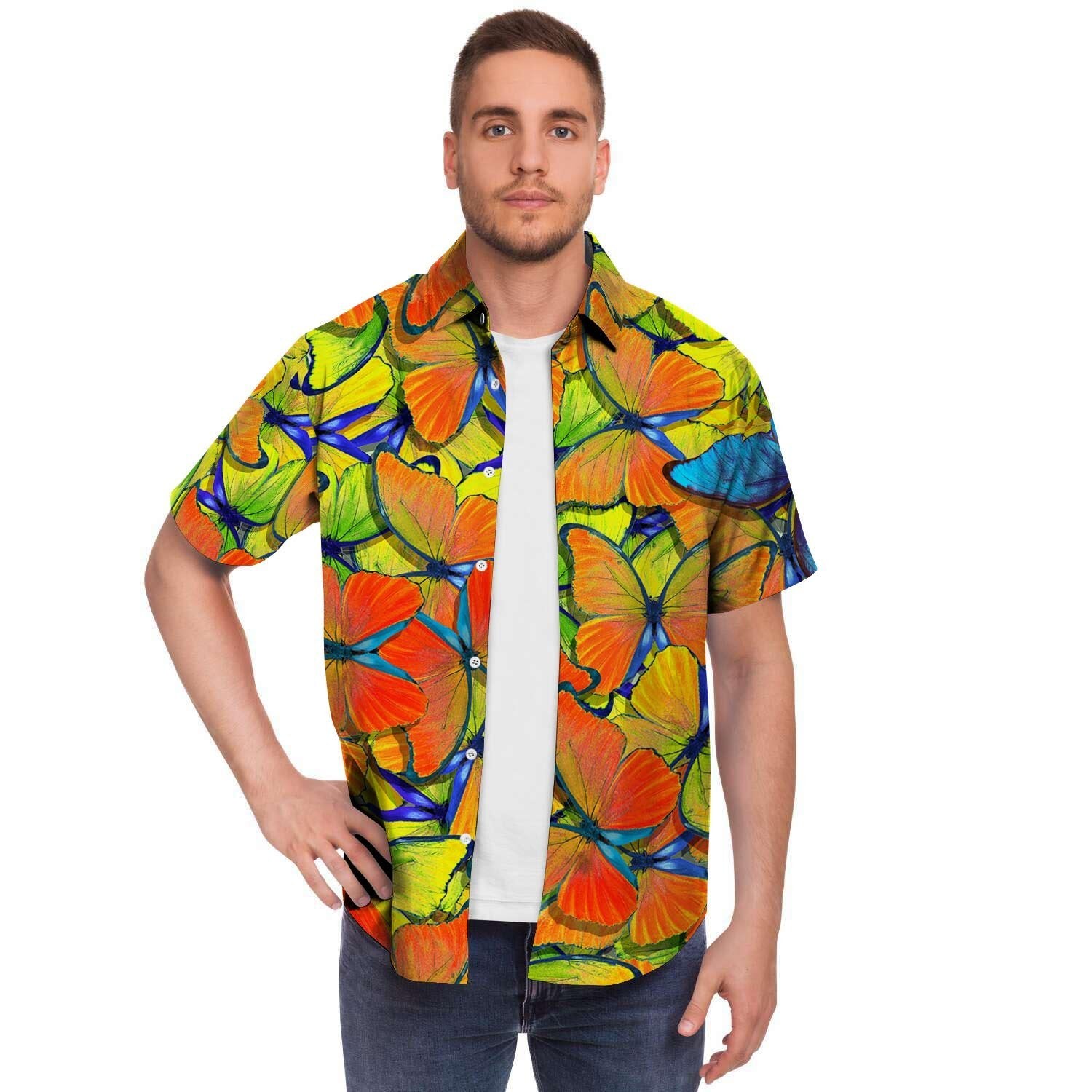 Orange And Blue Butterfly Print Men's Short Sleeve Shirt-grizzshop