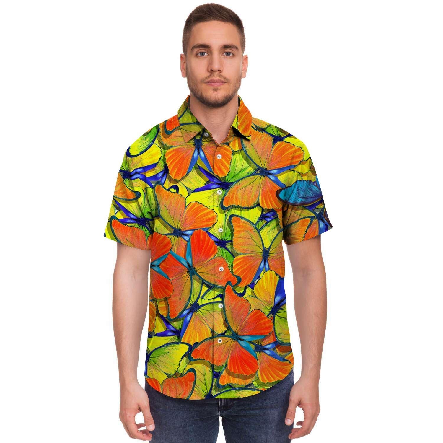 Orange And Blue Butterfly Print Men's Short Sleeve Shirt-grizzshop