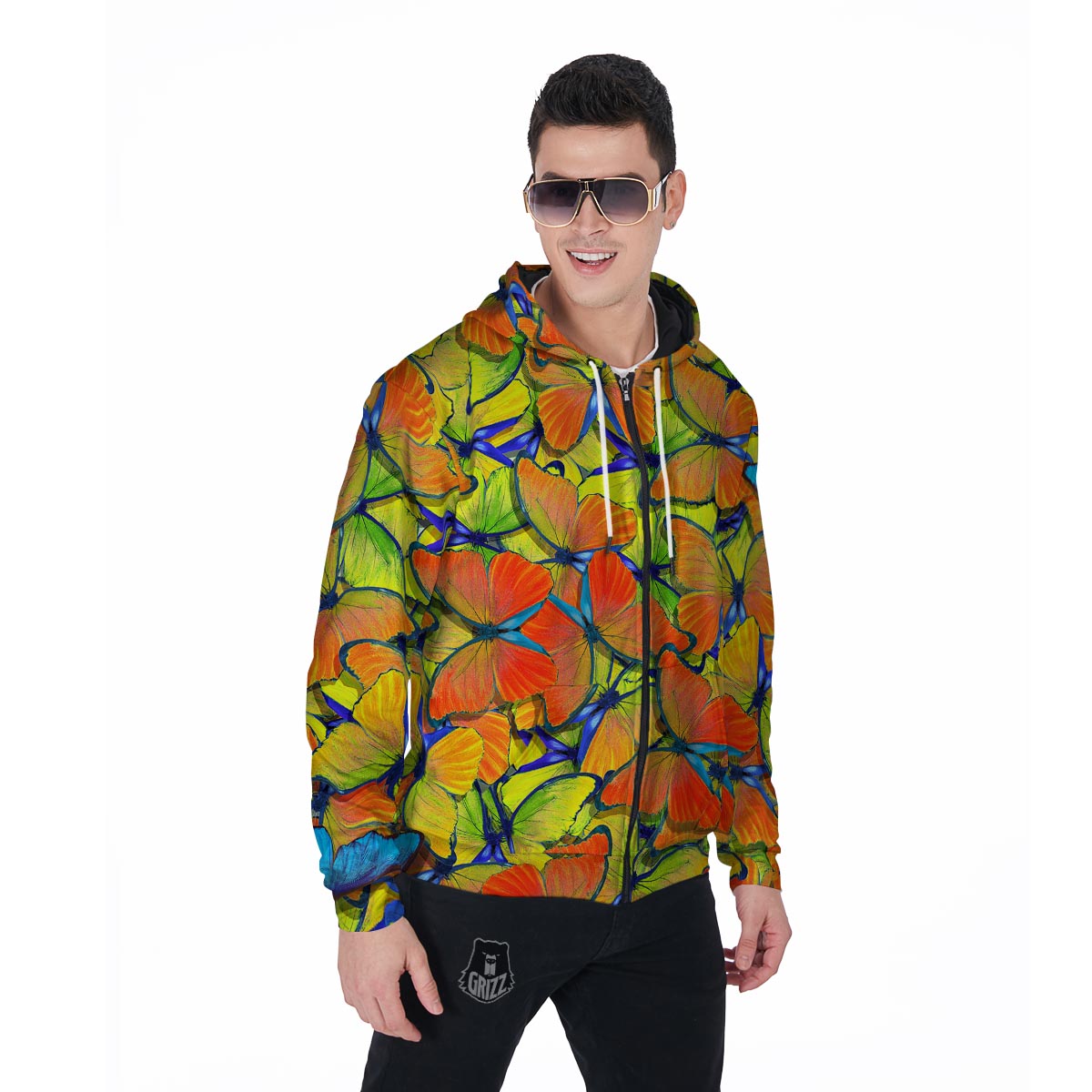 Orange And Blue Butterfly Print Men's Zip Up Hoodie-grizzshop