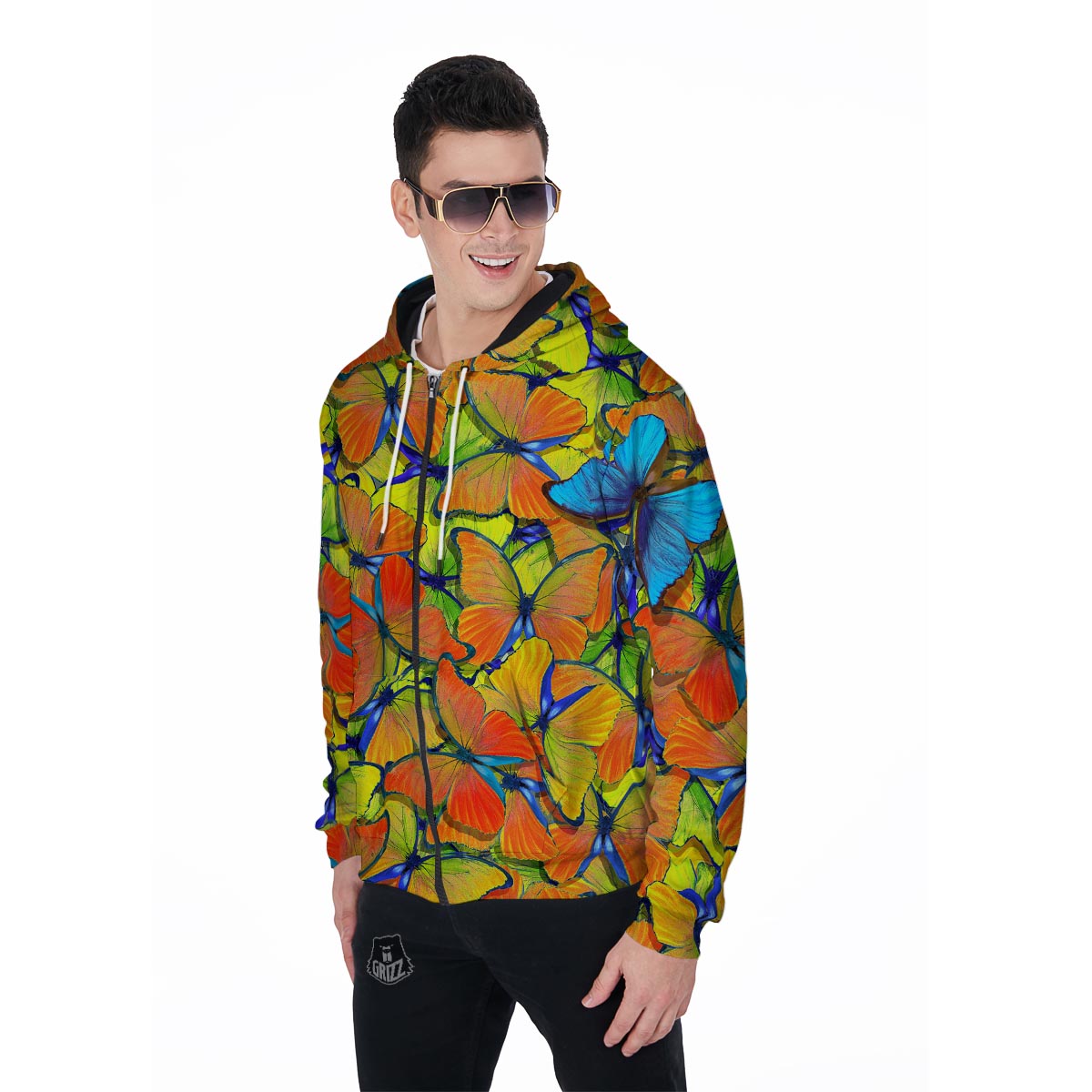 Orange And Blue Butterfly Print Men's Zip Up Hoodie-grizzshop
