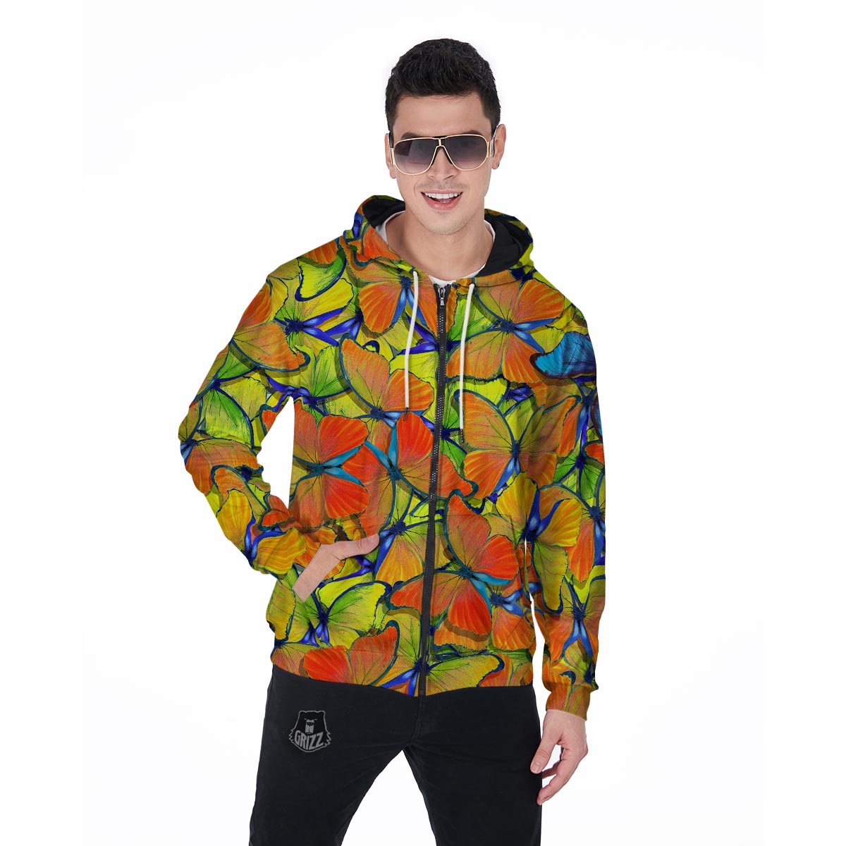 Orange And Blue Butterfly Print Men's Zip Up Hoodie-grizzshop