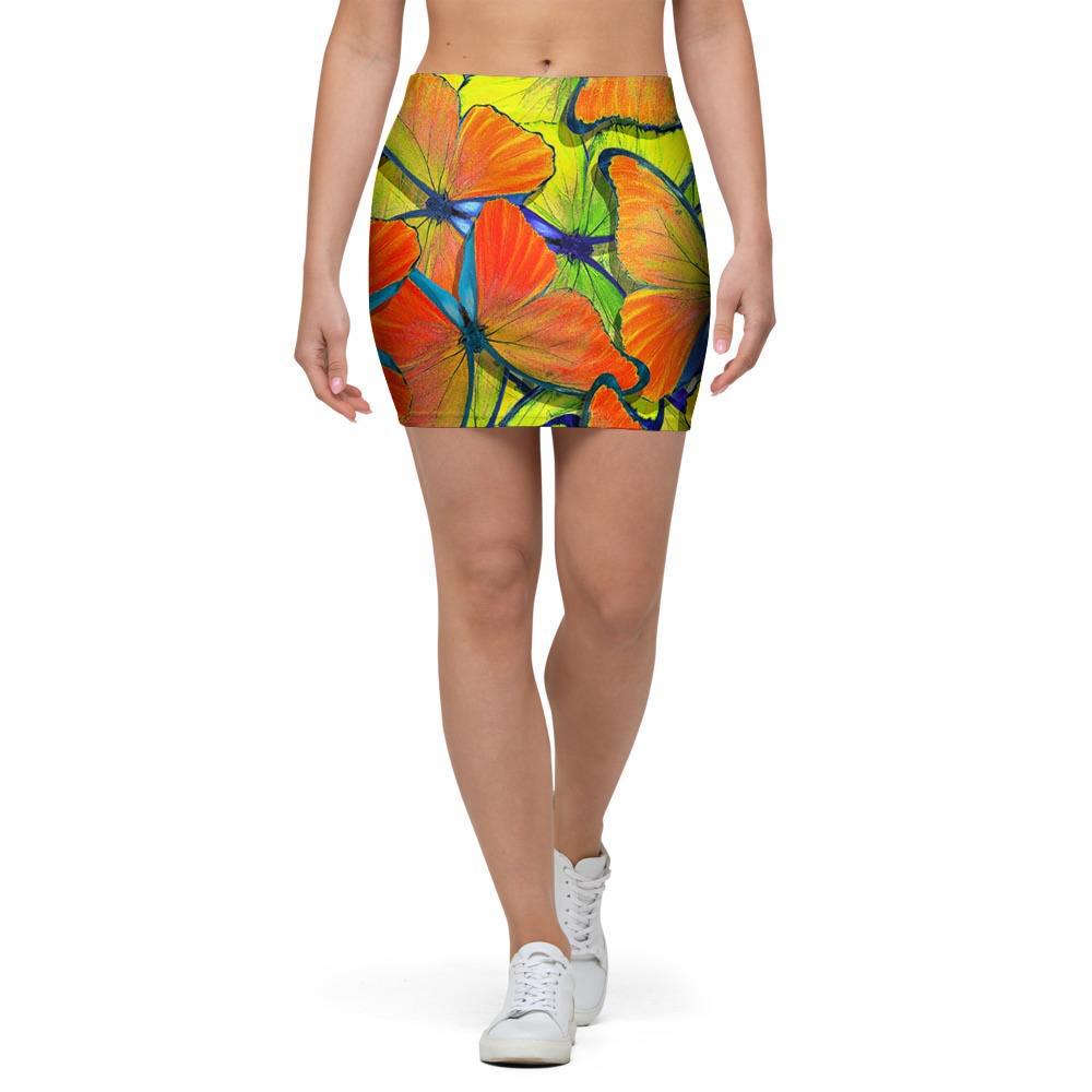 Orange And Blue Butterfly Print Mini Skirt-grizzshop
