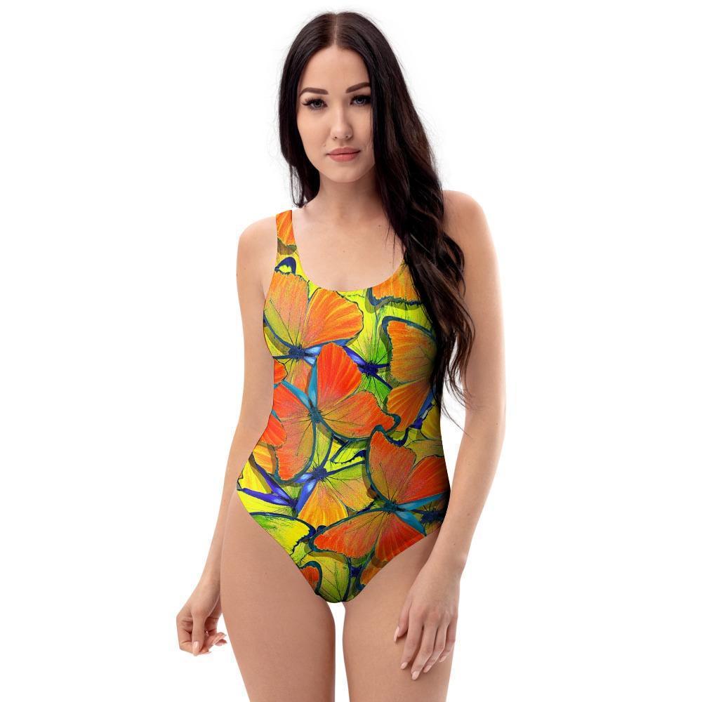 Orange And Blue Butterfly Print One Piece Swimsuite-grizzshop